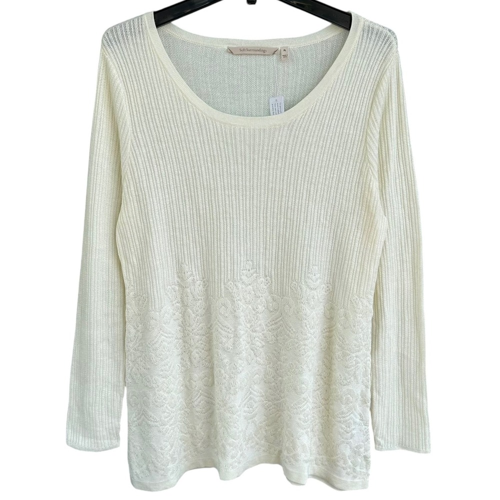 Soft Surroundings Ivory‎ Lace Pointelle Knit Sweater Top PL Petite Large New
